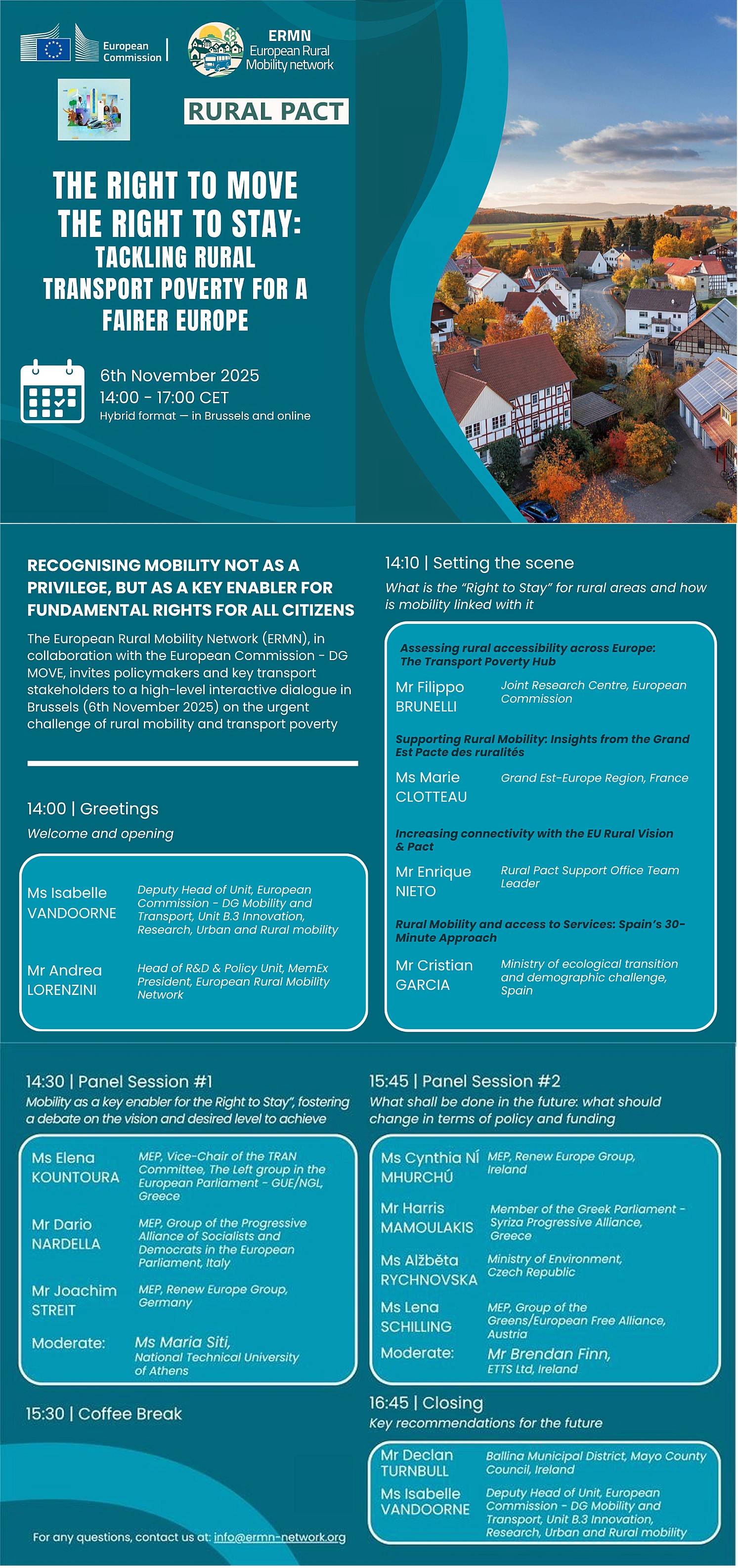Das Europäische Netzwerk für ländliche Mobilität (ERMN) lädt zum Dialog ein. Am 6. November 2025 geht es von 14 - 17 Uhr um europäische Perspektiven bei ländlicher Mobilität. Gastgeber ist das ERMN, das bei diesem Treffen eng mit der Generaldirektion Mobilität und Verkehr der Europäischen Union zusammenarbeitet. Grafik (c) ERMN/Memex