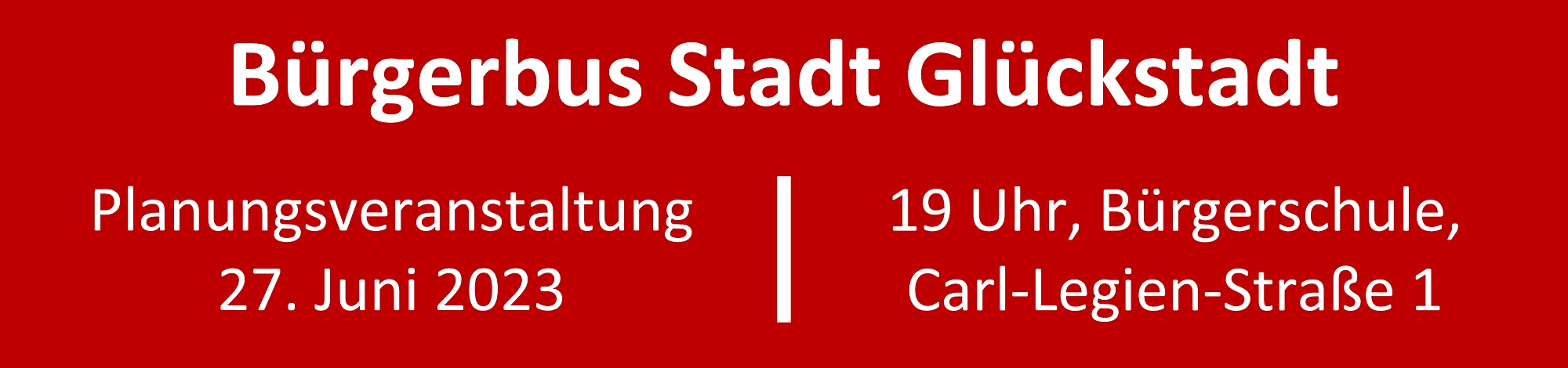 Die Informationsveranstaltung zum Projektauftakt Bürgerbus Glückstadt startet am Dienstag, 23. Mai 2023 um 19 Uhr in der Bürgerschule, Carl-Legien-Str. 1, 25348 Glückstadt.